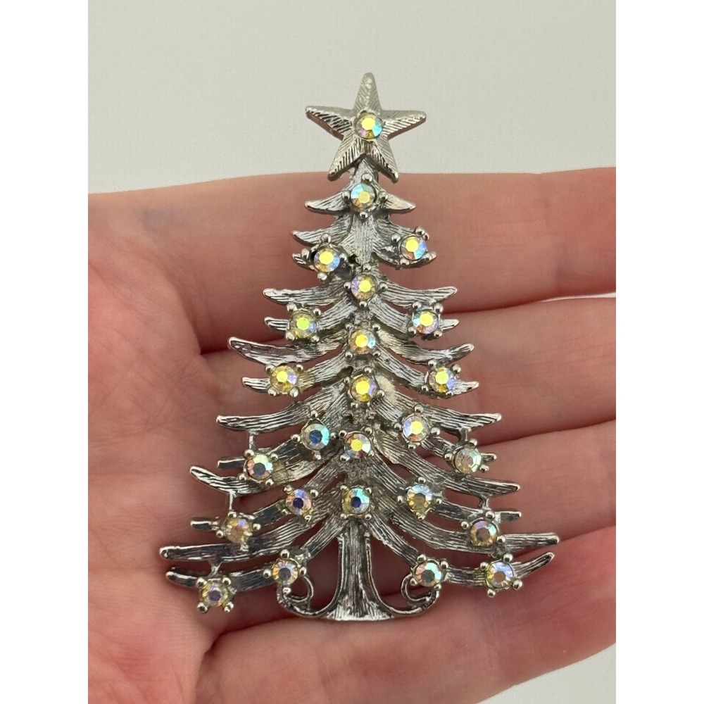 Vintage Tancer II Christmas Tree Brooch‎ AB Rhinestone Silver Tone Pin